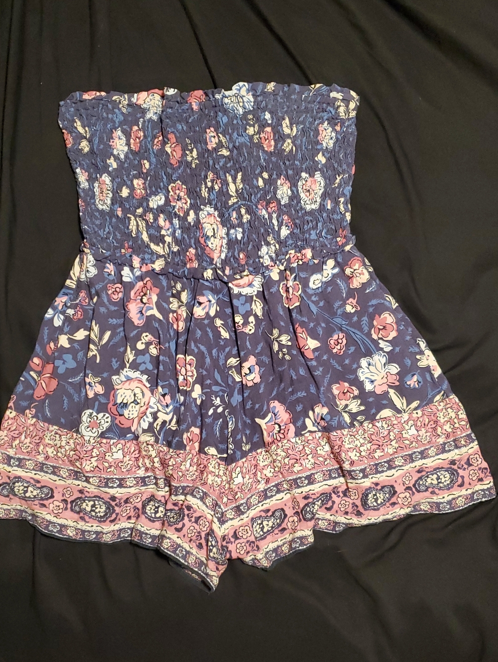 Jessica Simpson Navy Floral High-Waist Smocked Romper Shorts with Pink Accents